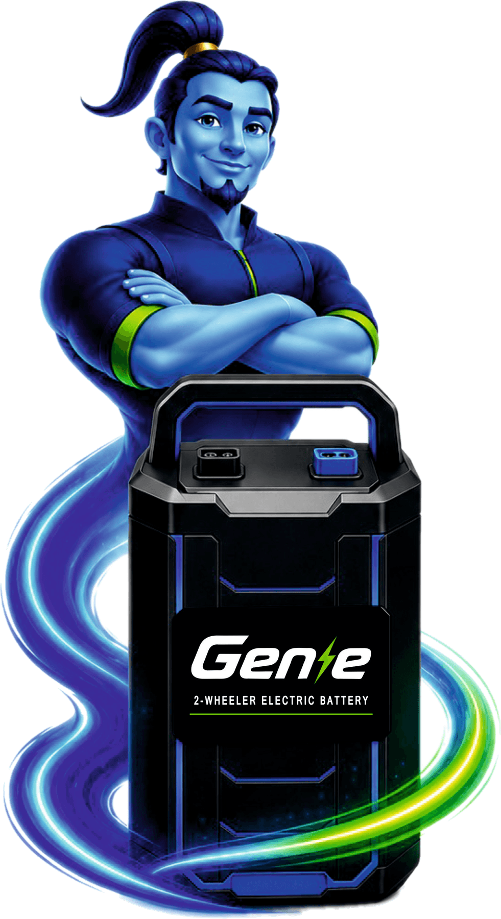The Genie mascot standing behind a Genie two-wheeler battery